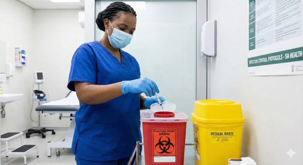 Nurse disposing of syringe in red biohazard waste bin for infection control compliance.