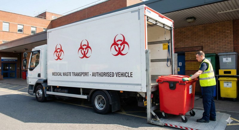 NF Services medical waste transport vehicle with biohazard safety markings collecting hazardous waste at a hospital in Gauteng.